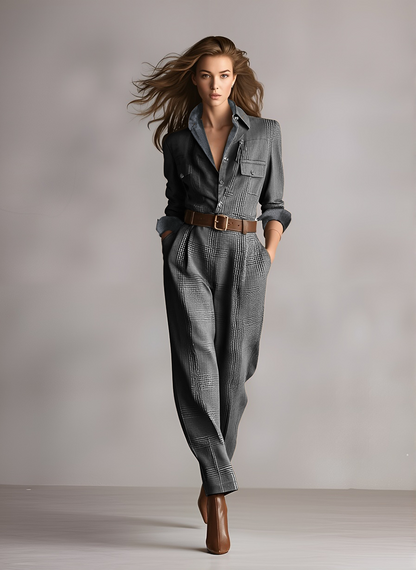 Women's Brown Sophisticated Tweed - Texture Plaid Utility Jumpsuit (without belt)