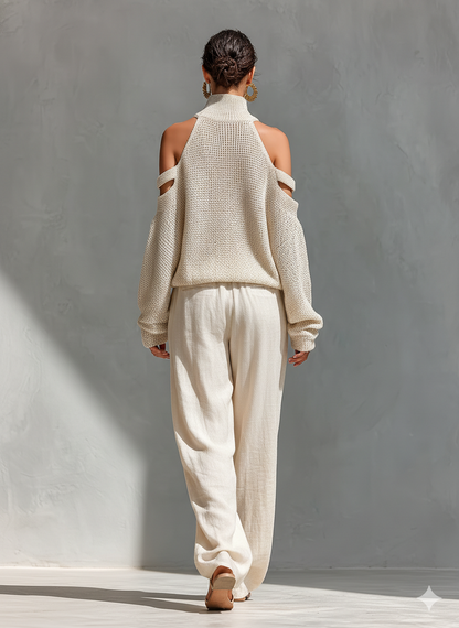 Women’s Beige Openwork Knit Cold Shoulder High Neck Sweater