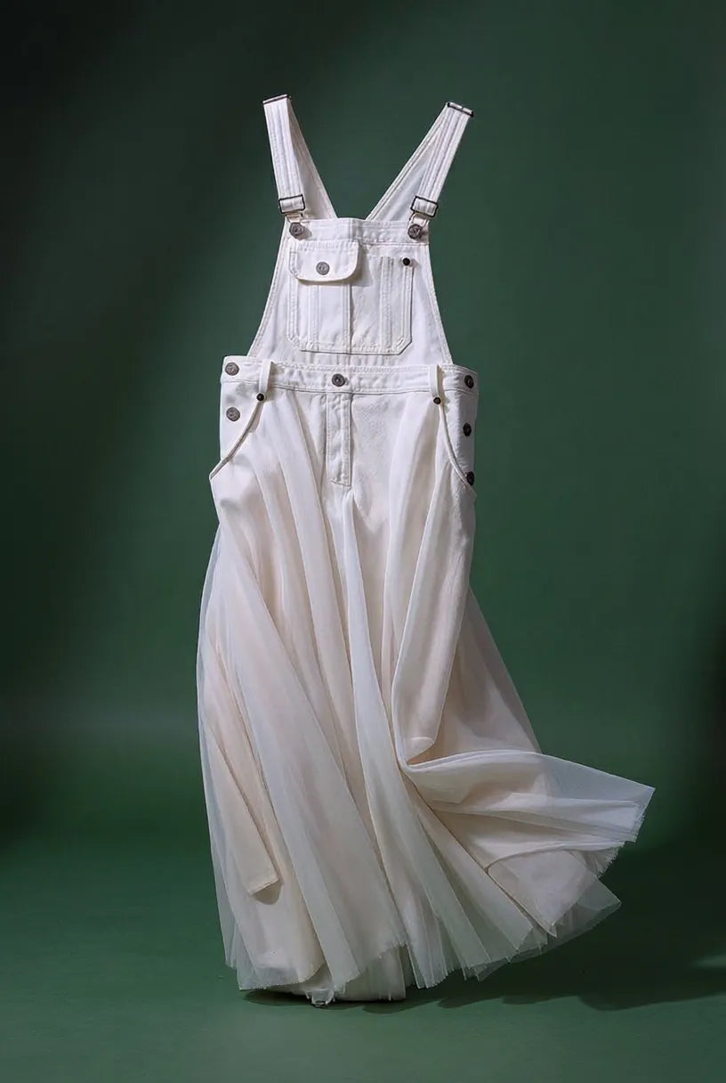 Unique White Tulle Patchwork Denim Strap Dress Summer