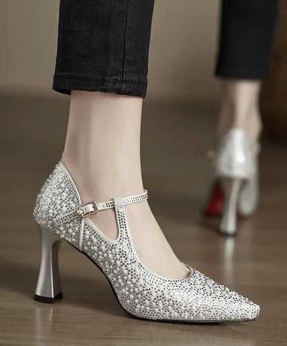 Comfy Splicing High Heels Pointed Toe Silver Cowhide Leather Zircon