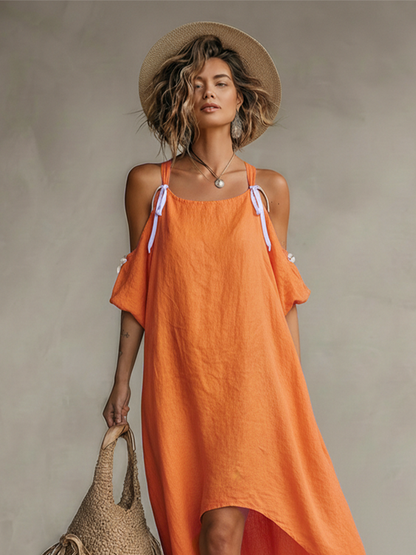 Women's Tangerine Linen Dress With Cold Shoulder & High-Low Hem, Timeless Boho-Resort Style Dress