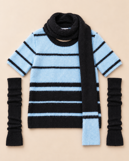 Women's Striped Wool Sweater Set – Knit Top, Scarf & Arm Warmers