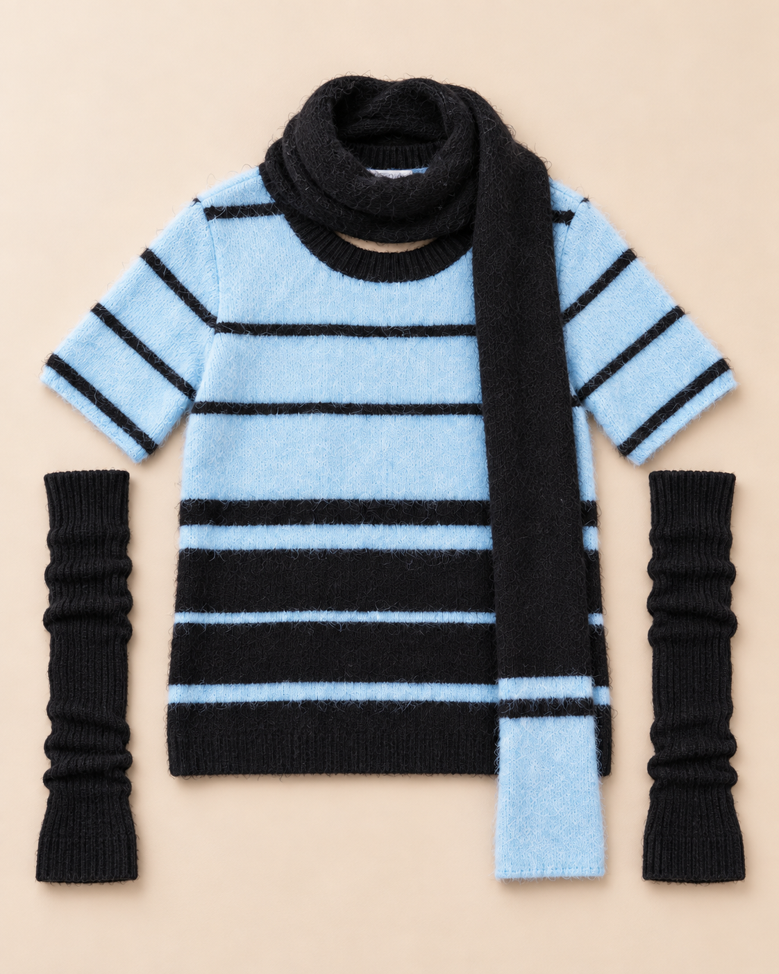 Women's Striped Wool Sweater Set – Knit Top, Scarf & Arm Warmers