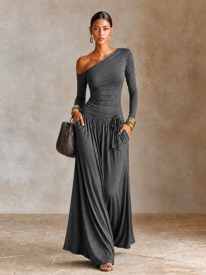 Women's Asymmetric Off‑Shoulder Long Sleeve Vacation Maxi Dress
