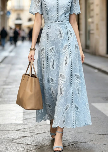 French Blue O Neck Hollow Out Patchwork Cotton Dress Summer
