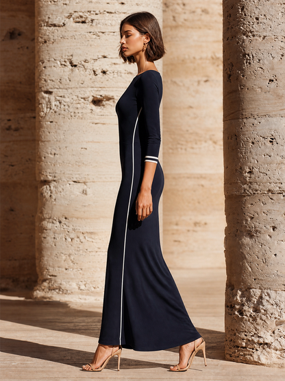 Women's Slim Side Piping Solid Jersey Minimalist Boat Neck long Sleeve Maxi Dress