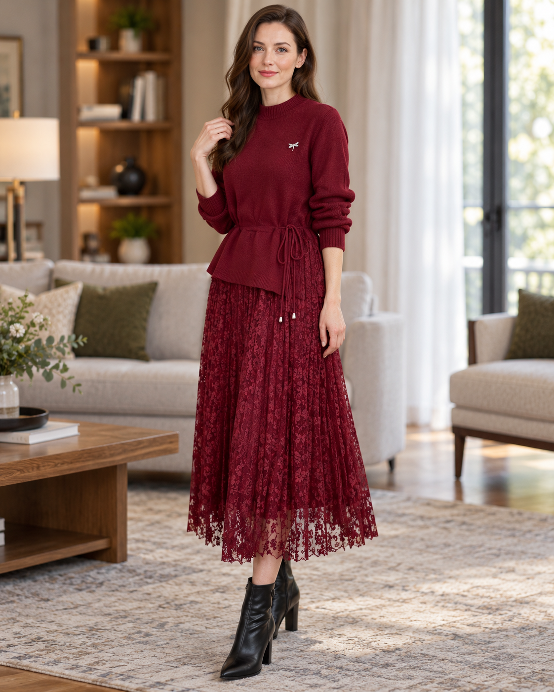 Women's Wool Sweater Dress – Tie-Waist Pleated Lace Midi Dress