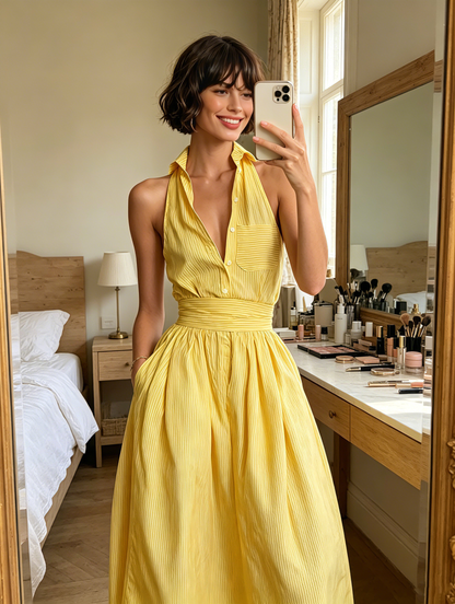 Women's Minimalist Striped Lapel Sleeveless Maxi Dress