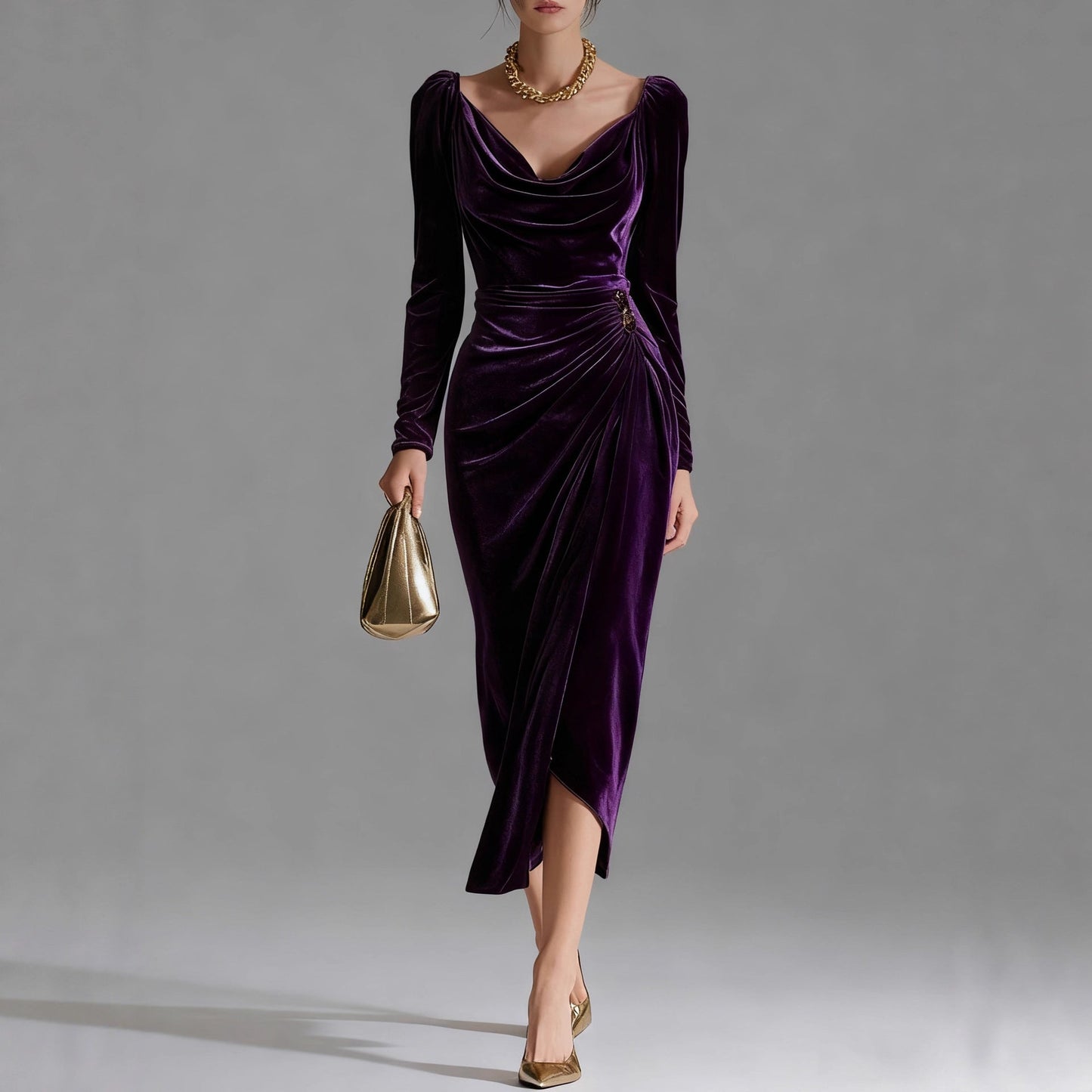 Draped Satin Midi Dress – Effortless Glamour, All-Day Confidence