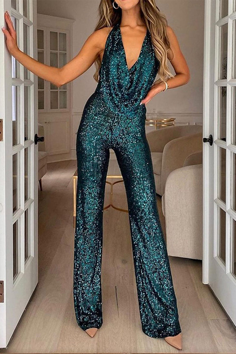 Party Solid Sequins Halter Boot Cut Jumpsuits(5 Colors)