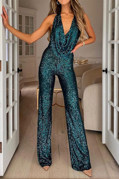 Party Solid Sequins Halter Boot Cut Jumpsuits(5 Colors)