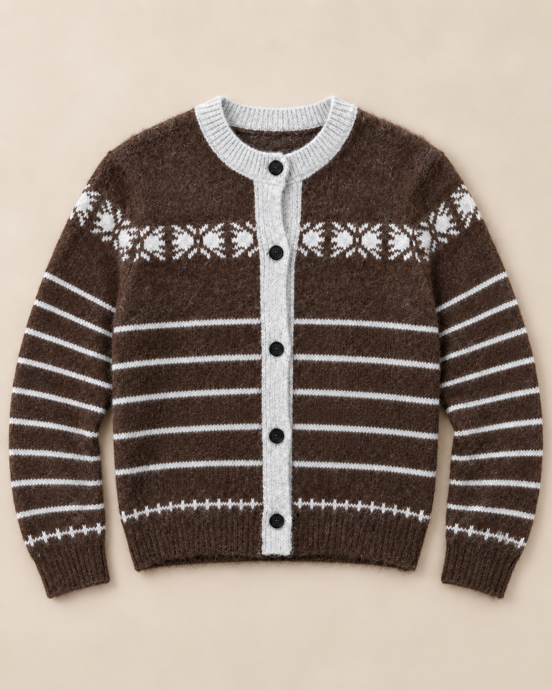 Women's Fair Isle Wool Cardigan – Striped Crewneck Button-Up Sweater