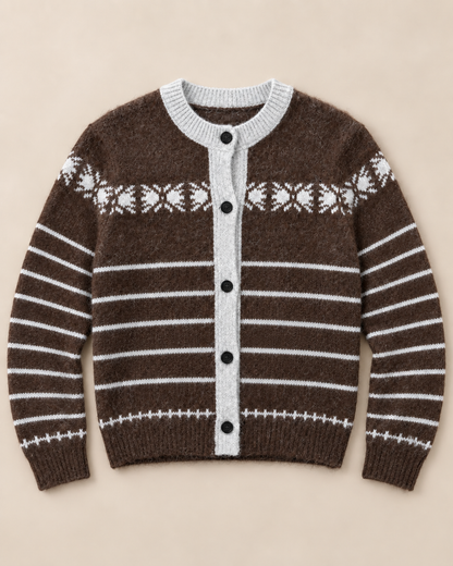 Women's Fair Isle Wool Cardigan – Striped Crewneck Button-Up Sweater