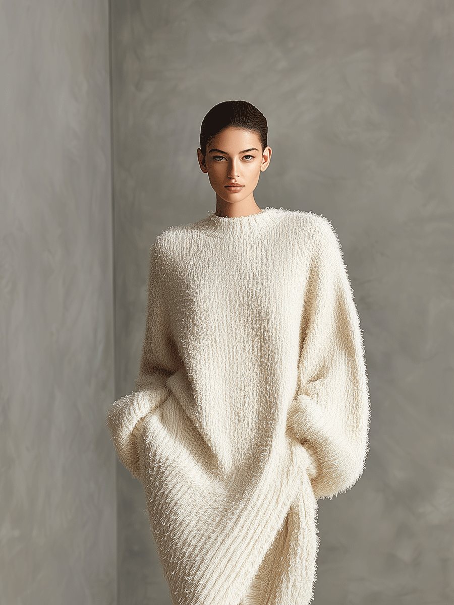 Women's Cream Elegant Faux Mink Knit Asymmetric Slit Midi Dress
