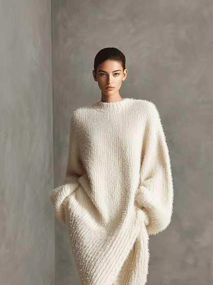 Women's Cream Elegant Faux Mink Knit Asymmetric Slit Midi Dress