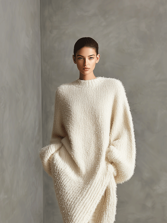 Women's Cream Elegant Faux Mink Knit Asymmetric Slit Midi Dress