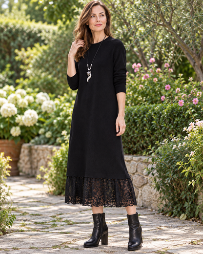 Women's Wool Sweater Dress – Lace Hem Long Sleeve Midi Knit Dress