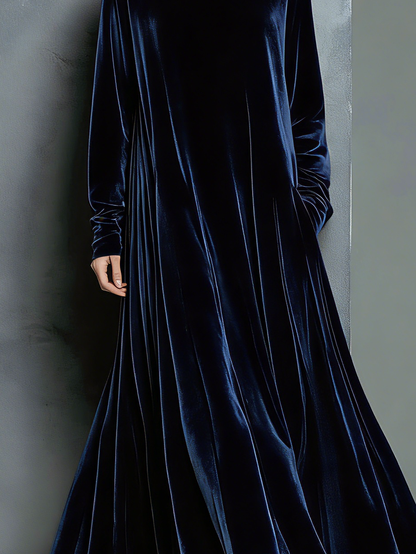 Women's Elegant Navy Blue Velvet High-neck Long-sleeved Loose-fitting Maxi Dress