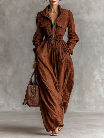 Women's Cotton And Linen Zipper Lapel Elastic Waist Maxi Dress