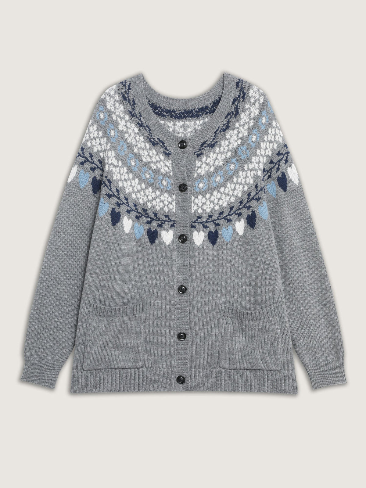 Women's Fair Isle Wool Cardigan – Gray Button-Up Sweater with Pockets