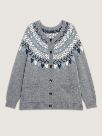 Women's Fair Isle Wool Cardigan – Gray Button-Up Sweater with Pockets