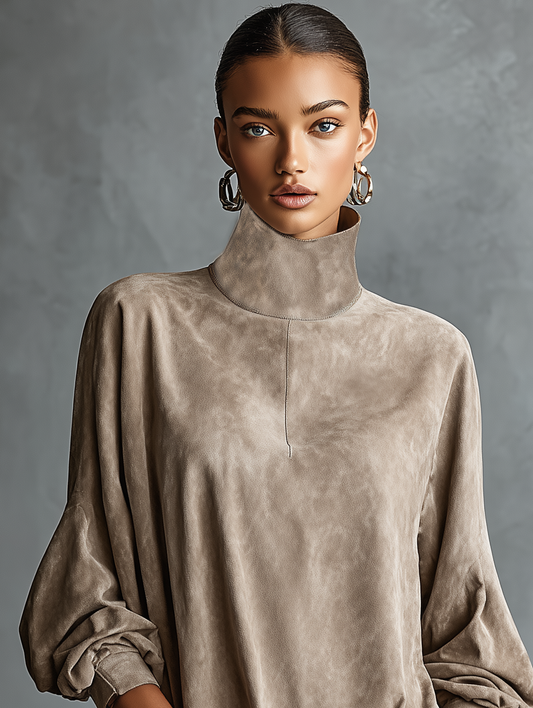 Women's Minimalist Loose-fitting Faux Suede High-neck Mini Dress