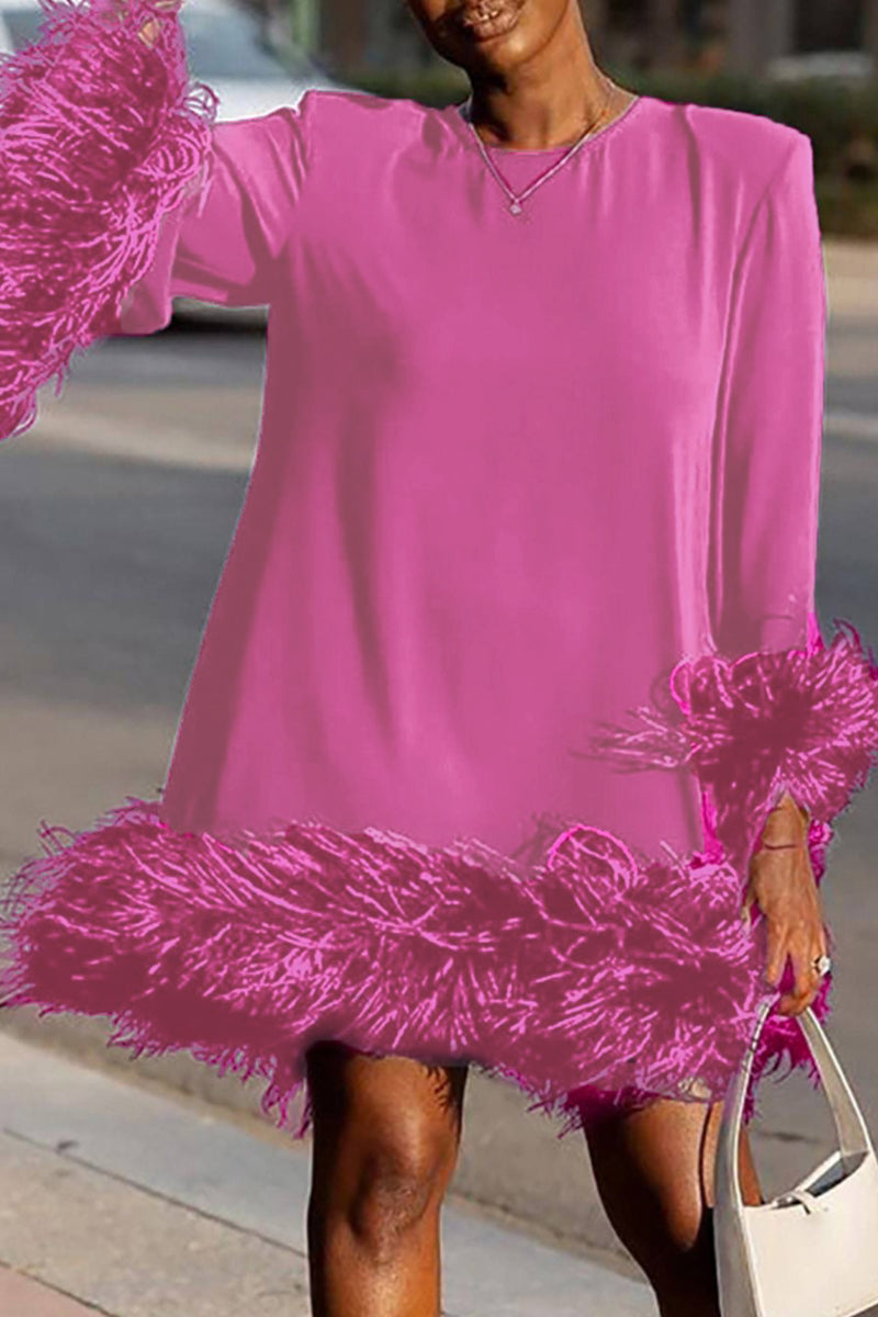 Street Solid Patchwork Feathers O Neck Straight Dresses