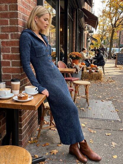Women's Slim-fit Hooded Knitted Maxi Dress
