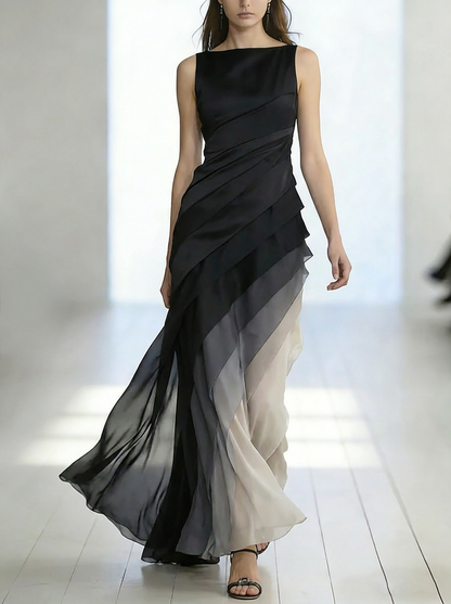 French Blue High Waist Patchwork Tulle Maxi Dresses Sleeveless