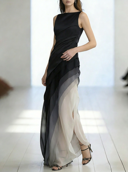 French Blue High Waist Patchwork Tulle Maxi Dresses Sleeveless
