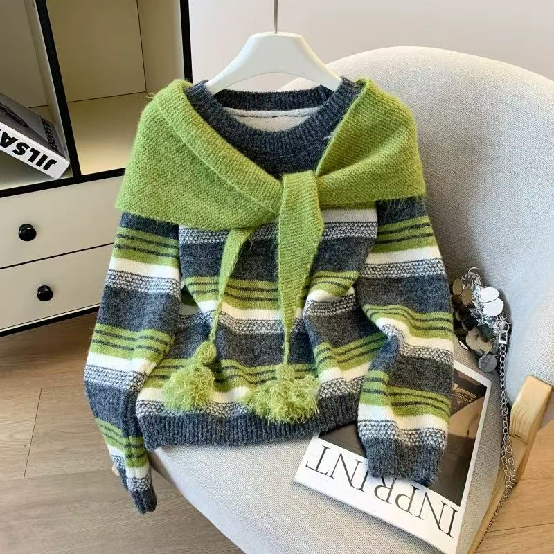 Women's Striped Wool Sweater with Scarf – Green Crewneck Knit Pullover