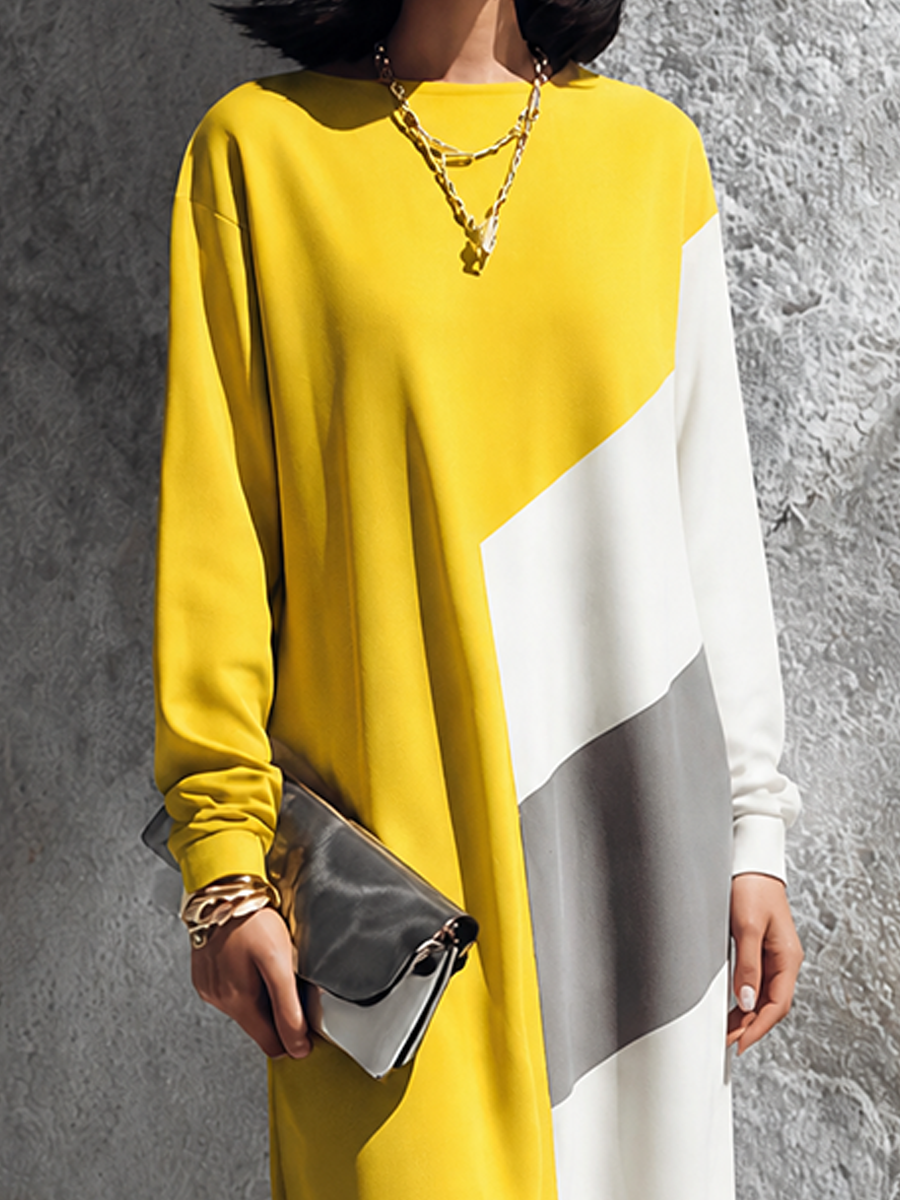 Women's Modern Elegant Yellow White Cotton Blend Color-Block Round Neck Long Maxi Dress