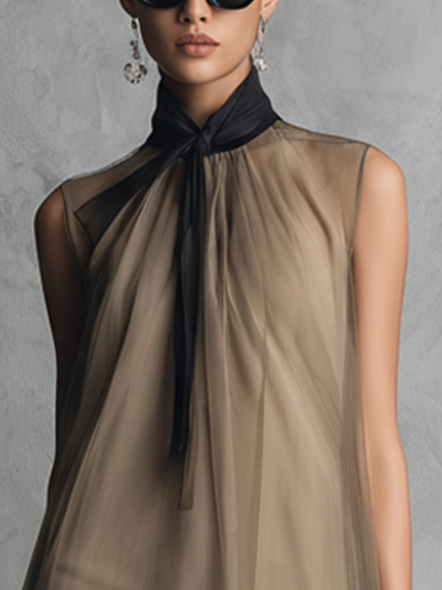 Women's Light Luxury Khaki And Brown Color-blocked Chiffon Sleeveless Dress