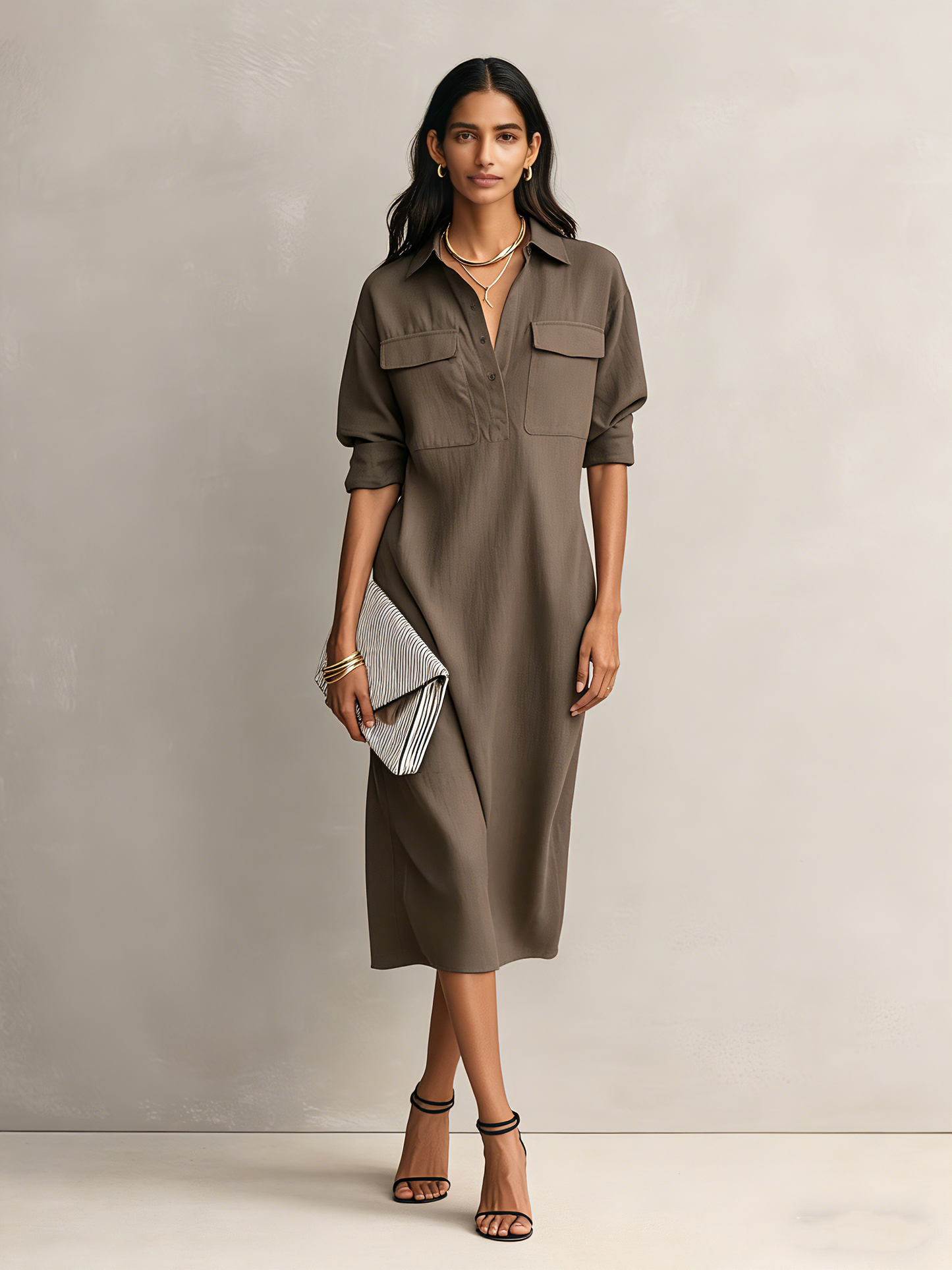 Women's Elegant Black Cotton-linen Blend Shirt Collar Short-sleeved Midi Dress