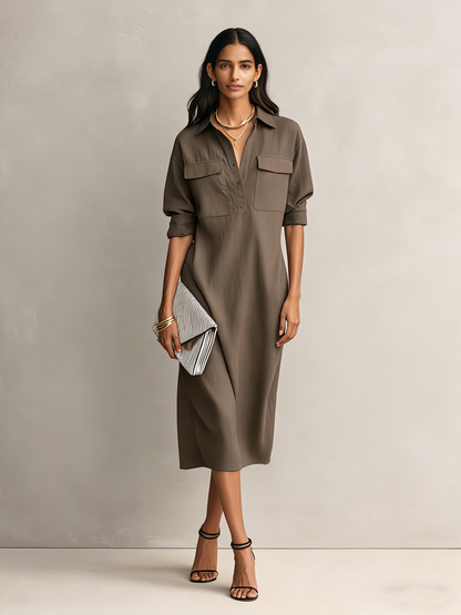 Women's Elegant Black Cotton-linen Blend Shirt Collar Short-sleeved Midi Dress