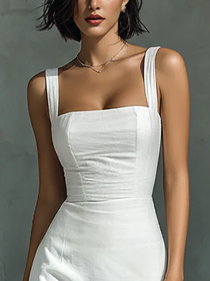 Women's Simple White Cotton And Linen Blend Sleeveless Midi Dress