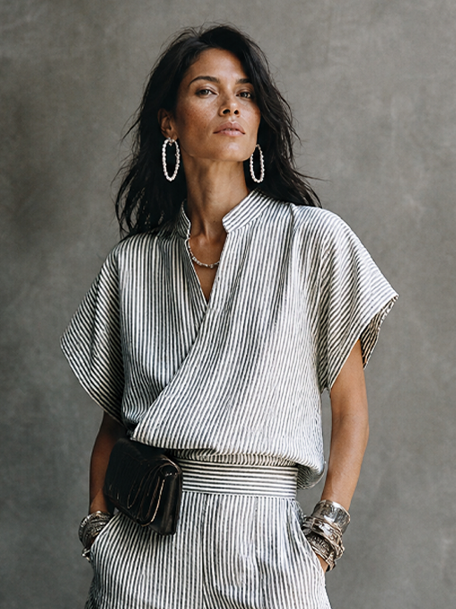 Women's Casual Vacation Gray White Cotton Blend Striped Wrap Top Cargo Pocket Wide-Leg Pants Set