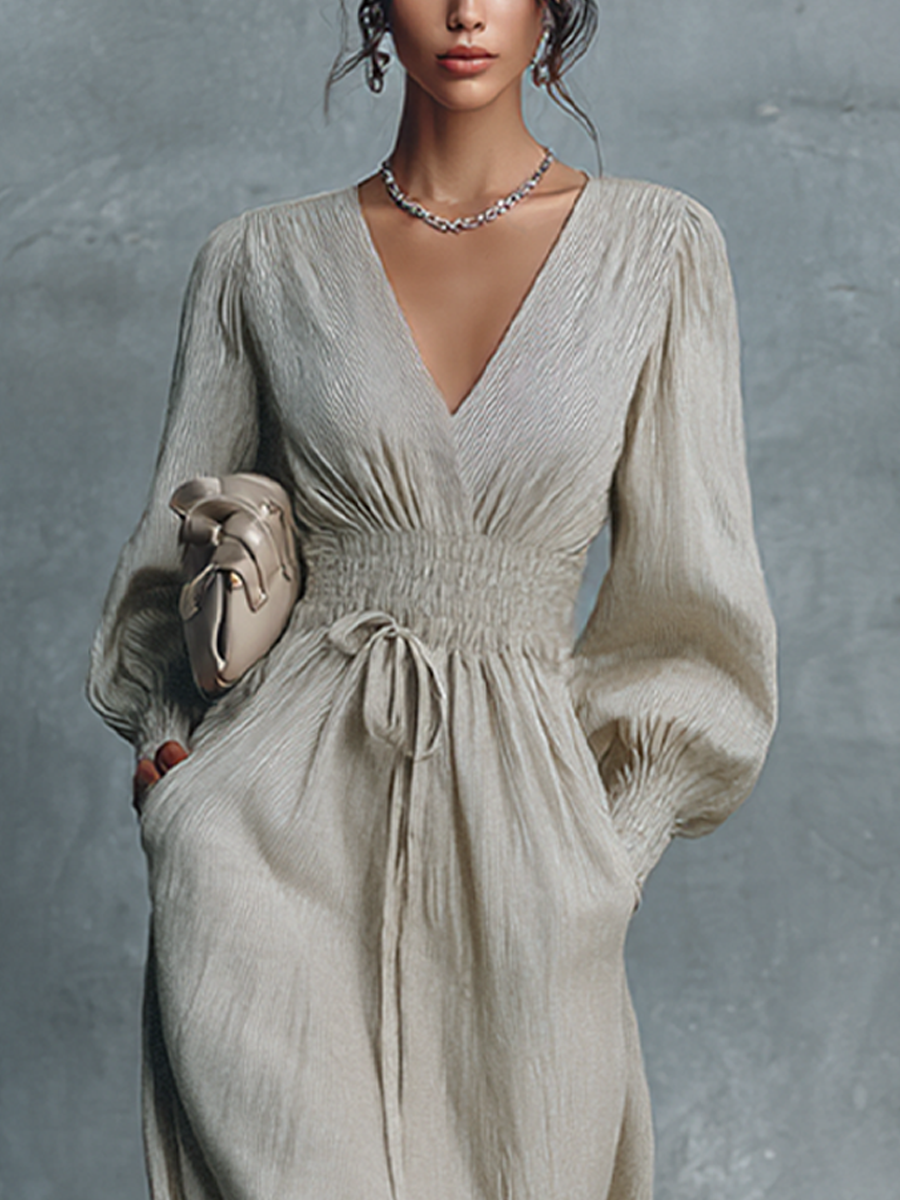Women's Beige Cotton Linen Striped V-Neck Shirred Waist Maxi Dress