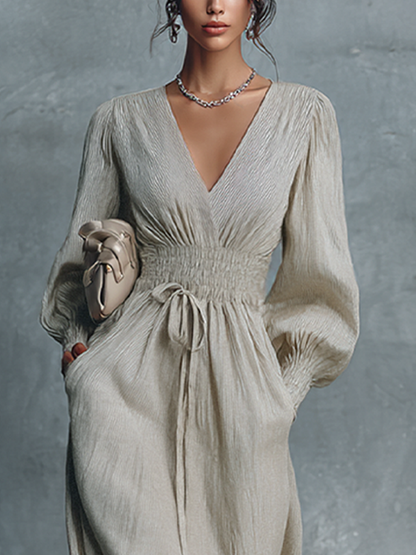 Women's Beige Cotton Linen Striped V-Neck Shirred Waist Maxi Dress