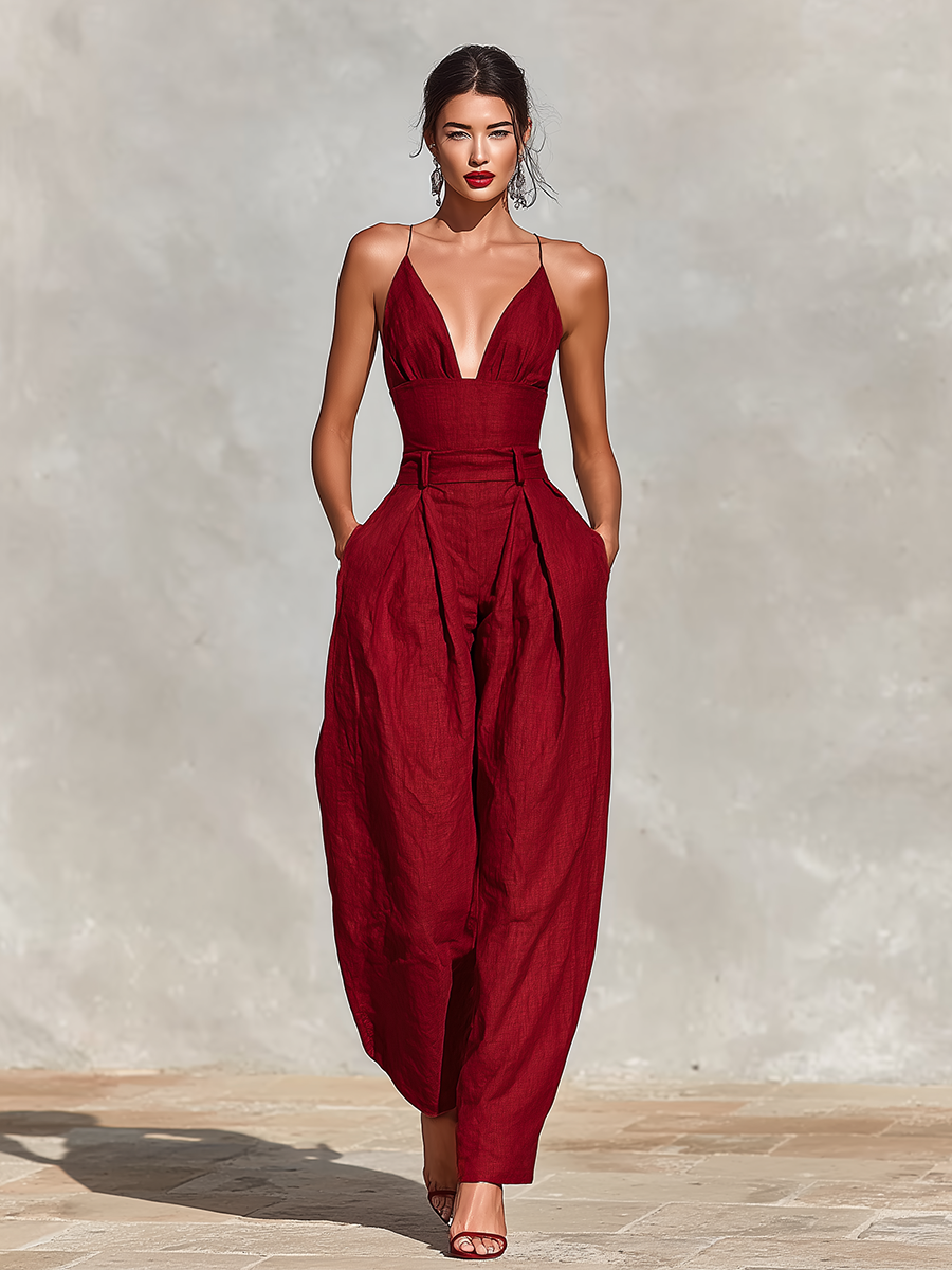 Women's Red Linen Jumpsuit With Spaghetti Straps & High-Waisted Pleated Pants, Timeless Romantic-Elegant Style Jumpsuit
