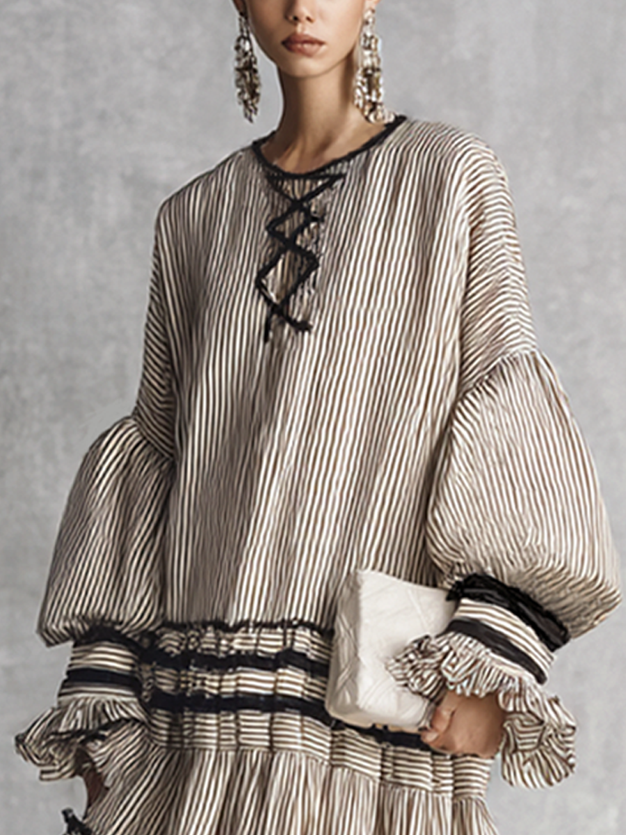 Women's Boho Striped Ruffle Tiered Cotton Blend Long Sleeve Maxi Dress