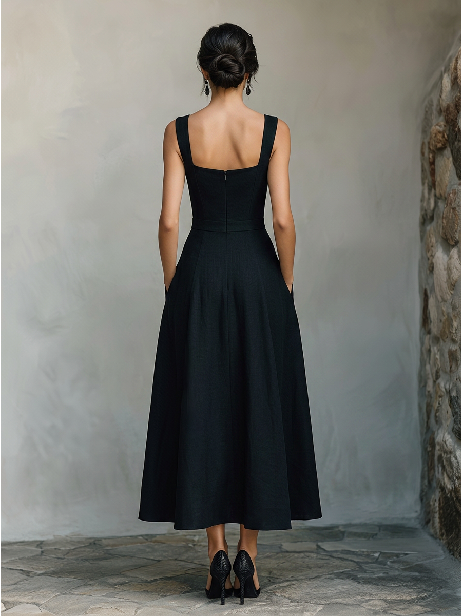 Women's Black Maxi Dress With Wide Square Neck Thick Straps & Side Patch Pockets, Minimalist Elegant Formal Swing Dress