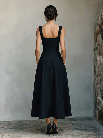 Women's Black Maxi Dress With Wide Square Neck Thick Straps & Side Patch Pockets, Minimalist Elegant Formal Swing Dress