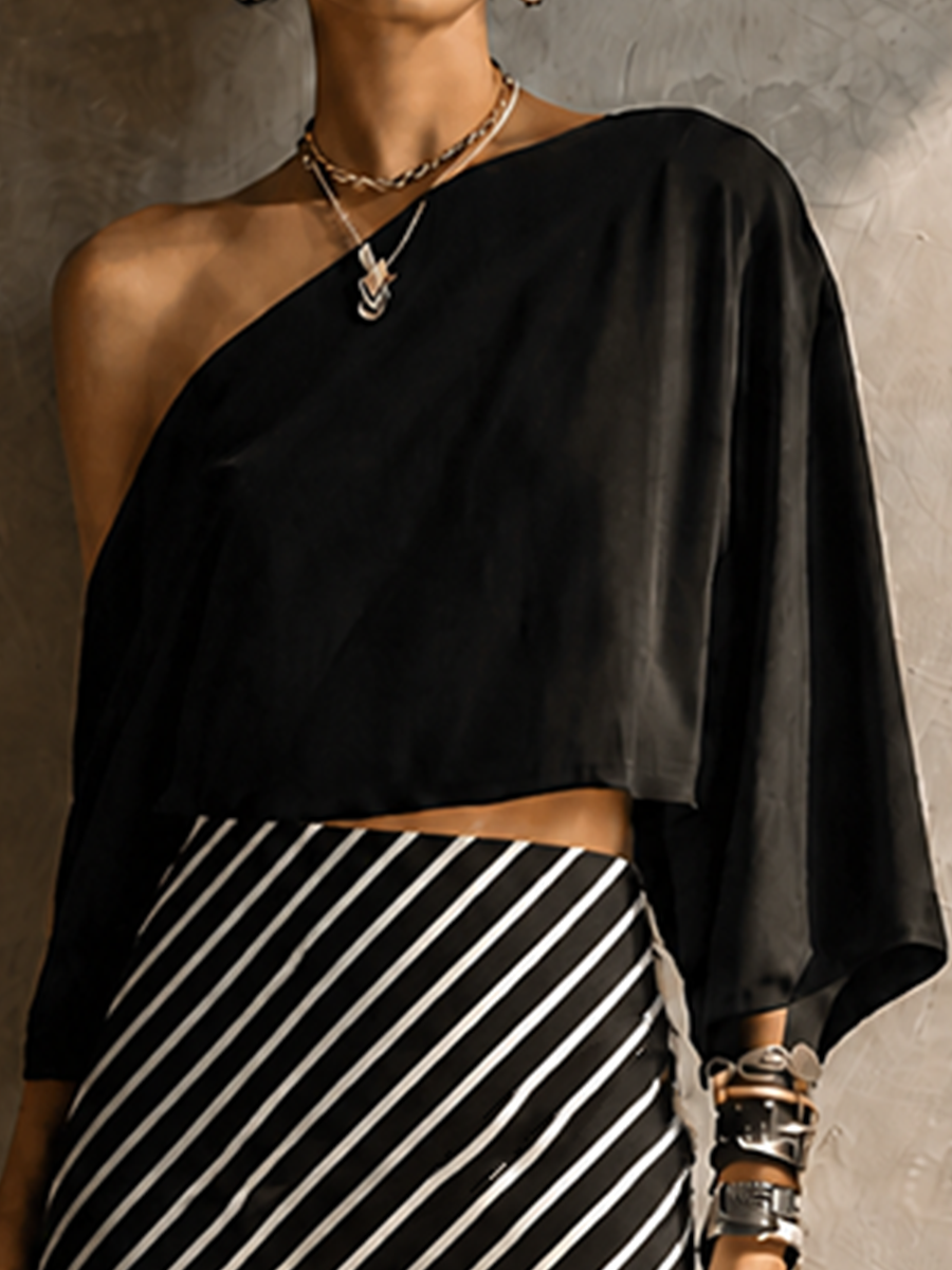 Women's Modern Elegant Black White Knit Cotton Blend One-Shoulder Striped Maxi Skirt Set