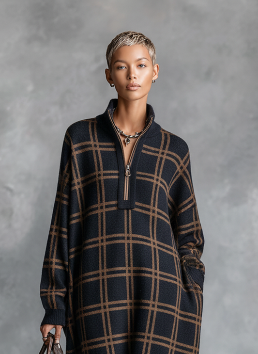 Women's Loose Plaid Zipper Neck Knitted Maxi Dress