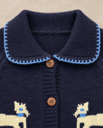 Women's Dog Wool Cardigan – Contrast Collar Button-Up Knit Sweater