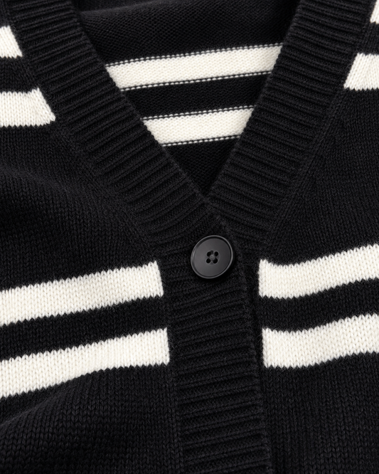 Women's Black and White Striped Cardigan – V-Neck Button-Up Knit Sweater