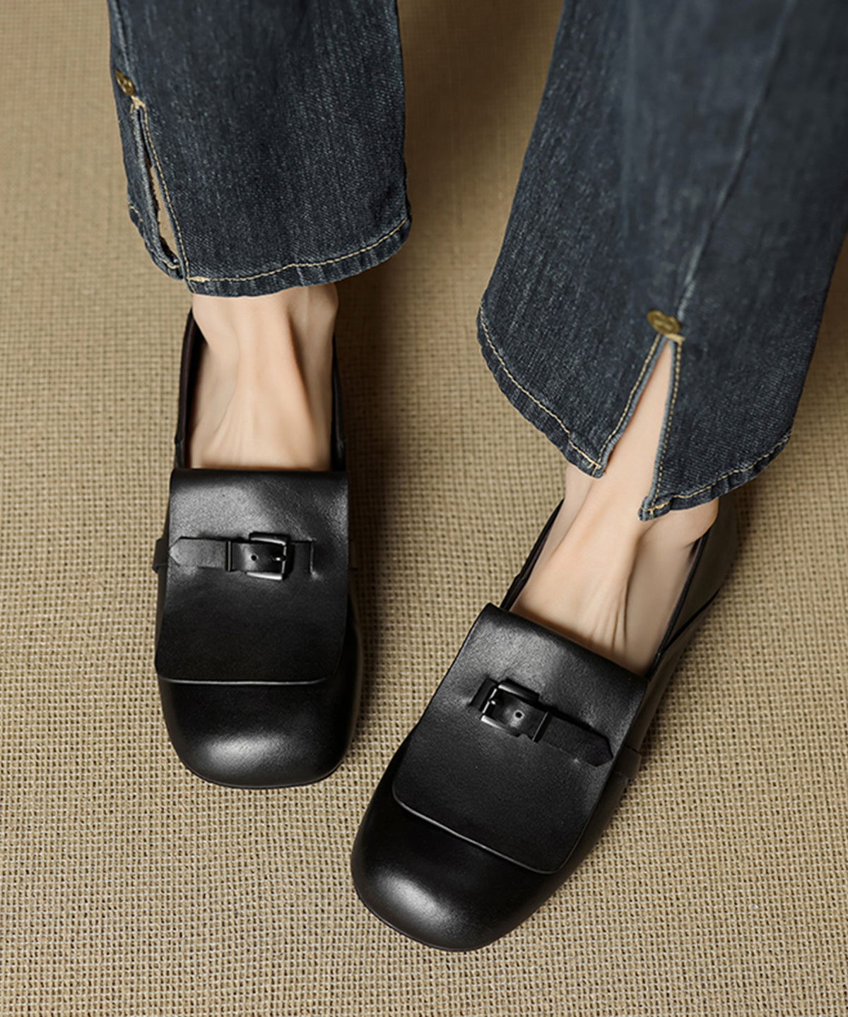 Beige Cowhide Leather Splicing Loafers