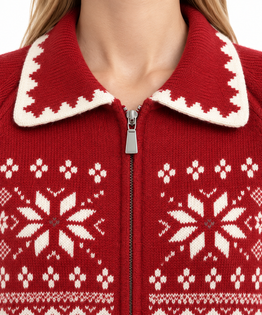 Women's Fair Isle Half-Zip Pullover Sweater – Nordic Snowflake Knit Top