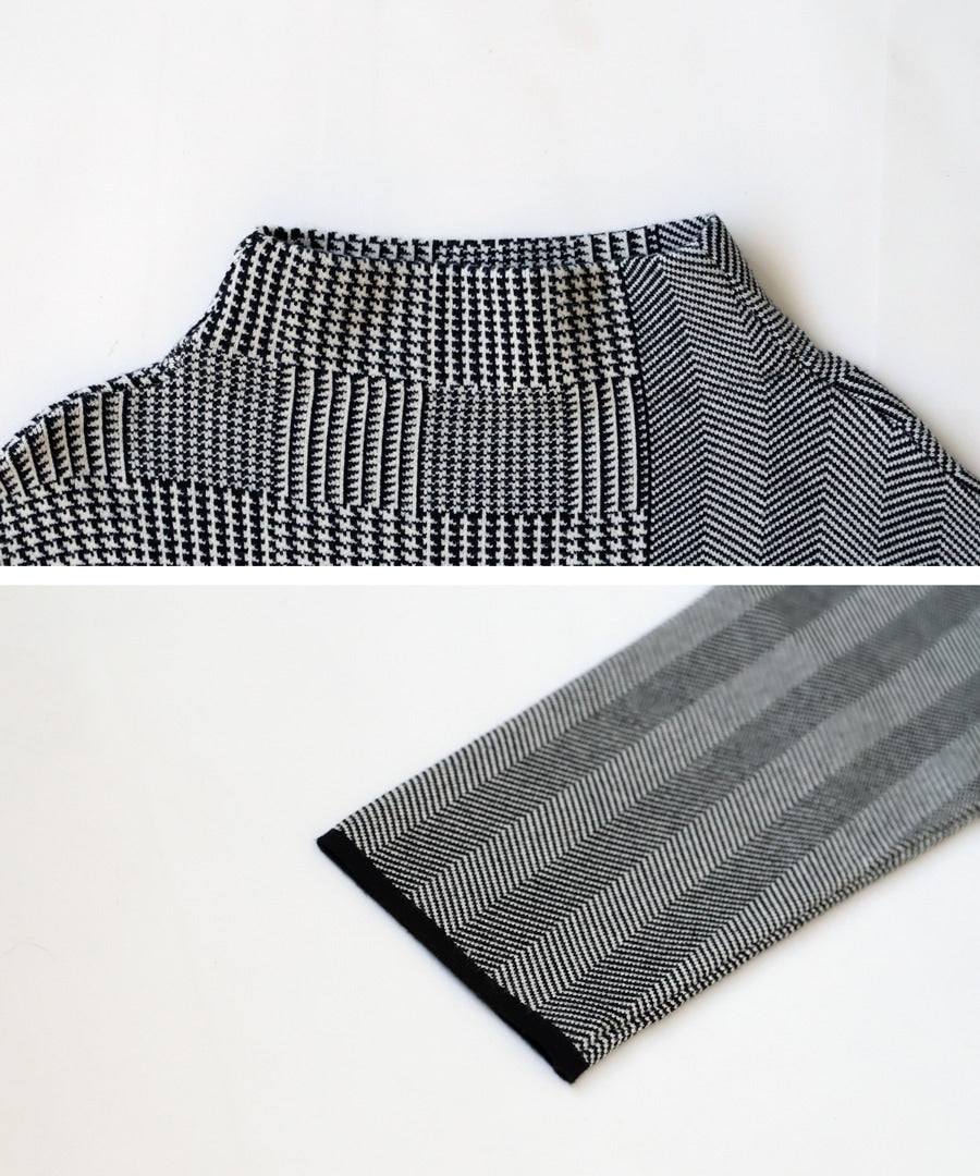 Italian Grey Plaid Hign Neck Patchwork Long Knit Dress Fall